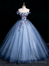 Blue Tulle Sequins Off the Shoulder Appliques Ball Gown Quinceanera Dress